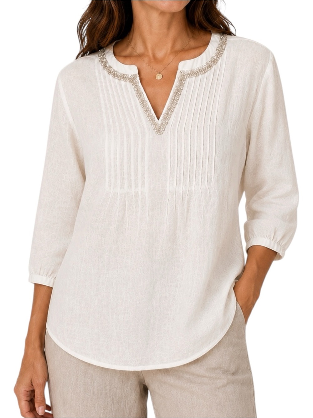 CALYPSO ST BARTH White Linen Blouse with Silver Beading Detail Small